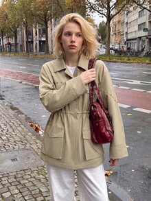 Struktiv Women's Spring/Autumn Elegant Casual Commuter Everyday Versatile Khaki Shirt Collar Double-Breasted Rivet Decor Cinched Waist Design Long Sleeve Mid-Length Utility Jacket - Khaki - View 5