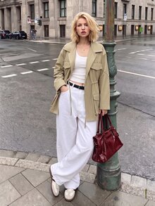 Struktiv Women's Spring/Autumn Elegant Casual Commuter Everyday Versatile Khaki Shirt Collar Double-Breasted Rivet Decor Cinched Waist Design Long Sleeve Mid-Length Utility Jacket - Khaki - View 4