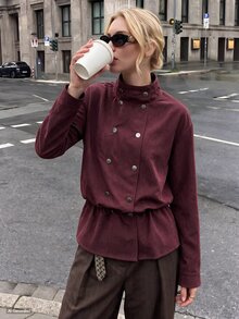 Struktiv Jaket Wanita Kasual Retro Vintage untuk Pemakaian Sehari-hari Warna Merah Marun Kerah Tinggi Musim Gugur/Dingin untuk Kantor - Burgundy - View 4