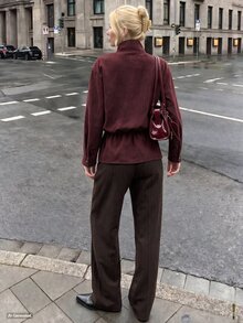 Struktiv Jaket Wanita Kasual Retro Vintage untuk Pemakaian Sehari-hari Warna Merah Marun Kerah Tinggi Musim Gugur/Dingin untuk Kantor - Burgundy - View 3
