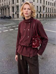 Struktiv Jaket Wanita Kasual Retro Vintage untuk Pemakaian Sehari-hari Warna Merah Marun Kerah Tinggi Musim Gugur/Dingin untuk Kantor - Burgundy - View 2