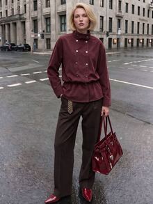 Struktiv Jaket Wanita Kasual Retro Vintage untuk Pemakaian Sehari-hari Warna Merah Marun Kerah Tinggi Musim Gugur/Dingin untuk Kantor - Burgundy - View 5