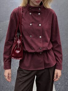 Struktiv Jaket Wanita Kasual Retro Vintage untuk Pemakaian Sehari-hari Warna Merah Marun Kerah Tinggi Musim Gugur/Dingin untuk Kantor - Burgundy - View 1