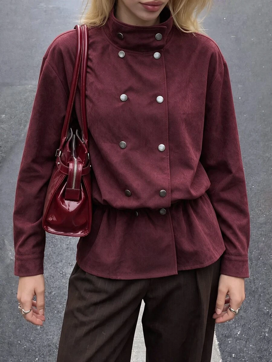 Struktiv Jaket Wanita Kasual Retro Vintage untuk Pemakaian Sehari-hari Warna Merah Marun Kerah Tinggi Musim Gugur/Dingin untuk Kantor - Burgundy - View 1