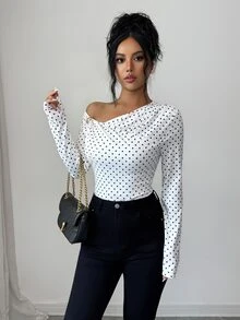 Elenzga Asymmetrical Shoulder Polka Dot Print Minimalist Versatile Commute Elegant Long Sleeve T-Shirt - White - View 1