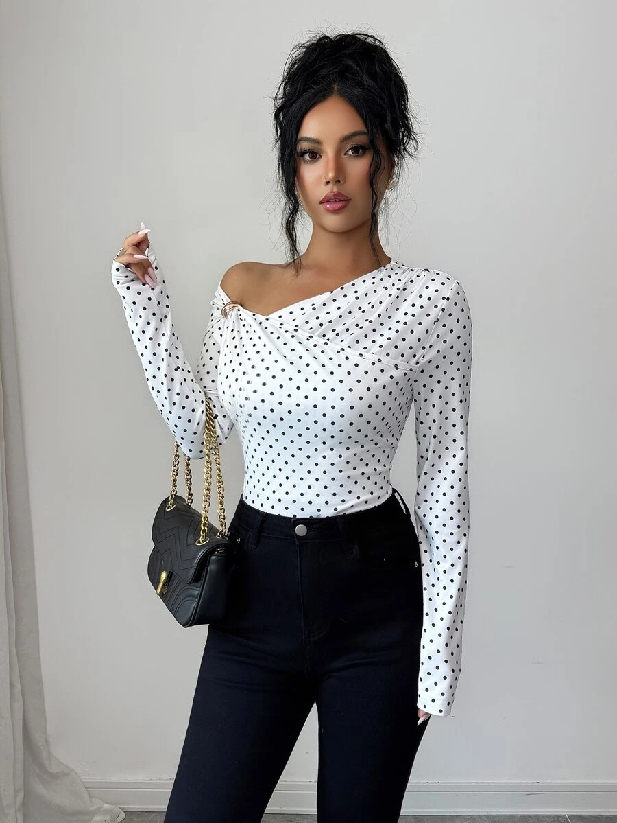 Elenzga Asymmetrical Shoulder Polka Dot Print Minimalist Versatile Commute Elegant Long Sleeve T-Shirt - White - View 1