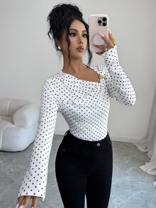 Elenzga Asymmetrical Shoulder Polka Dot Print Minimalist Versatile Commute Elegant Long Sleeve T-Shirt - White - View 4