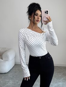 Elenzga Asymmetrical Shoulder Polka Dot Print Minimalist Versatile Commute Elegant Long Sleeve T-Shirt - White - View 7