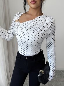 Elenzga Asymmetrical Shoulder Polka Dot Print Minimalist Versatile Commute Elegant Long Sleeve T-Shirt - White - View 6