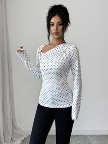 Elenzga Asymmetrical Shoulder Polka Dot Print Minimalist Versatile Commute Elegant Long Sleeve T-Shirt - White - View 5