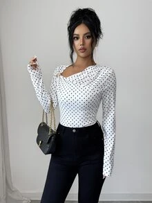 Elenzga Asymmetrical Shoulder Polka Dot Print Minimalist Versatile Commute Elegant Long Sleeve T-Shirt - White - View 8
