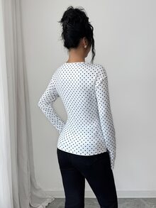 Elenzga Asymmetrical Shoulder Polka Dot Print Minimalist Versatile Commute Elegant Long Sleeve T-Shirt - White - View 2