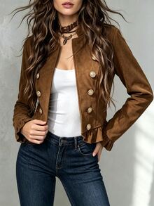 LUMIGAL Women's Vintage Double-Breasted Stand Collar Suede Velvet Waist-Cinching Jacket - Brown - View 1