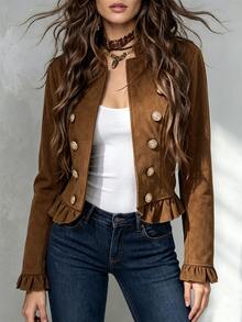 LUMIGAL Women's Vintage Double-Breasted Stand Collar Suede Velvet Waist-Cinching Jacket - Brown - View 7