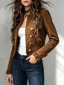 LUMIGAL Women's Vintage Double-Breasted Stand Collar Suede Velvet Waist-Cinching Jacket - Brown - View 8