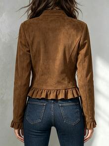 LUMIGAL Women's Vintage Double-Breasted Stand Collar Suede Velvet Waist-Cinching Jacket - Brown - View 2
