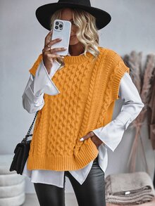 Balvessa Women's Round Neck Cable Knit Casual Versatile Vest - Yellow - View 6
