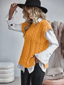 Balvessa Women's Round Neck Cable Knit Casual Versatile Vest - Yellow - View 5