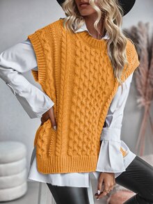 Balvessa Women's Round Neck Cable Knit Casual Versatile Vest - Yellow - View 3