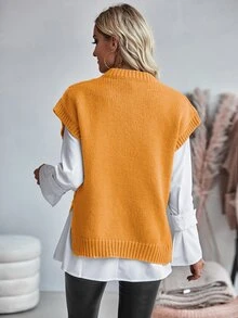Balvessa Women's Round Neck Cable Knit Casual Versatile Vest - Yellow - View 2
