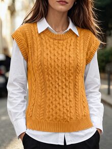 Balvessa Women's Round Neck Cable Knit Casual Versatile Vest - Yellow - View 1