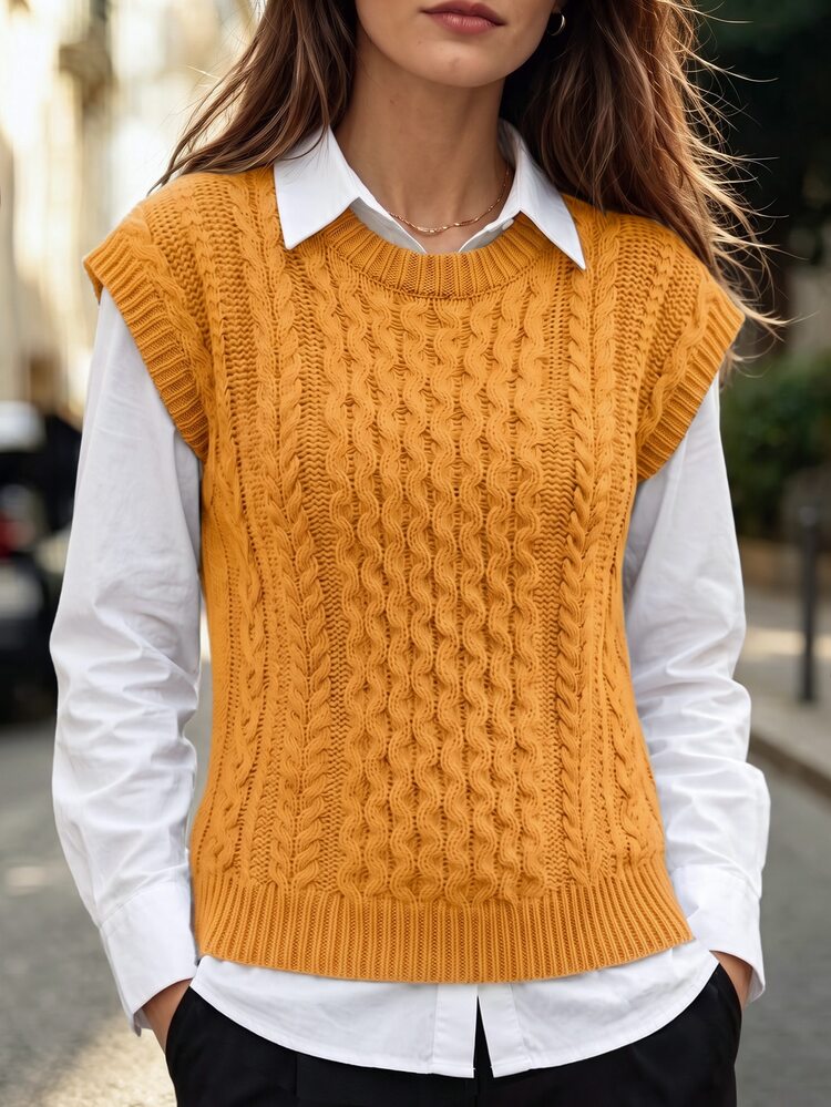 Balvessa Chaleco casual versátil de punto de cable con cuello redondo para mujer - Amarillo - Añade 1