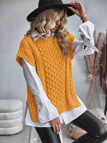 Balvessa Women's Round Neck Cable Knit Casual Versatile Vest - Yellow - View 4