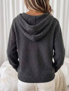 Balvessa Women's Solid Color Drawstring Hooded Casual Everyday Long Sleeve Sweater - Dark Grey - View 2