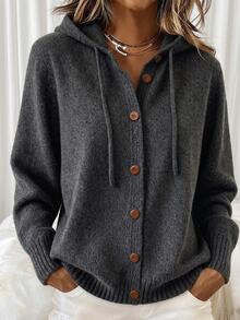 Balvessa Women's Solid Color Drawstring Hooded Casual Everyday Long Sleeve Sweater - Dark Grey - View 1