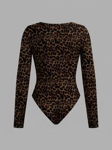 Slaydiva Sexy Deep Brown Leopard Print Square Neck Long Sleeve Lace Bodysuit For Women, Versatile Style, Suitable For Autumn/Winter - Multicolor - View 9