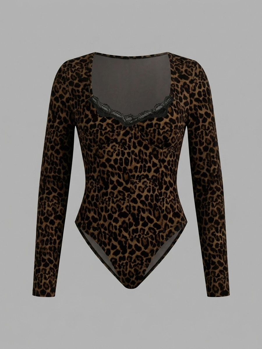 Slaydiva Bodysuit Renda Lengan Panjang Leher Persegi Motif Leopard Cokelat Tua Seksi untuk Wanita, Gaya Serbaguna, Cocok untuk Musim Gugur/Dingin - MultiWarna - View 1
