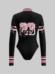 SHEIN ICON 女士休闲街头风黑色底粉色复古数字23火焰火柴甜美酷炫图案连体衣，适合春夏穿着 - 彩色 - 查看 2
