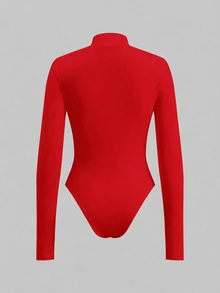 SHEIN ICON 女士简约纯色拉链半开襟长袖连体衣，秋季款 - 紅色 - 查看 2