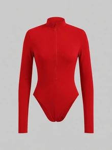 SHEIN ICON 女士简约纯色拉链半开襟长袖连体衣，秋季款 - 紅色 - 查看 1