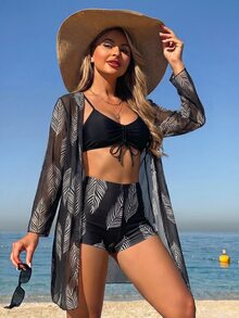 Swim Vcay 女款夏季海灘素色抓皺比基尼與短褲泳裝套裝附罩衫 - 黑色 - 查看 2