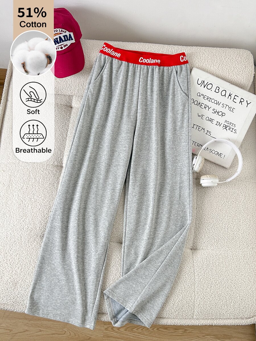 SHEIN Teen Girl High Elastic Waist Loose Wide Leg Sweatpants With Pockets, Versatile Grey Draped Athletic Long Pants For Campus