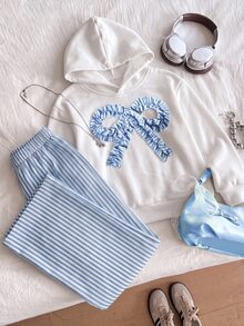 SHEIN 青少年女孩 T-shirt 套裝，藍白配色，短袖上衣 + 長褲 2 件套，保暖秋冬，可愛印花蝴蝶結，校園風 - 藍白色 - 查看 5