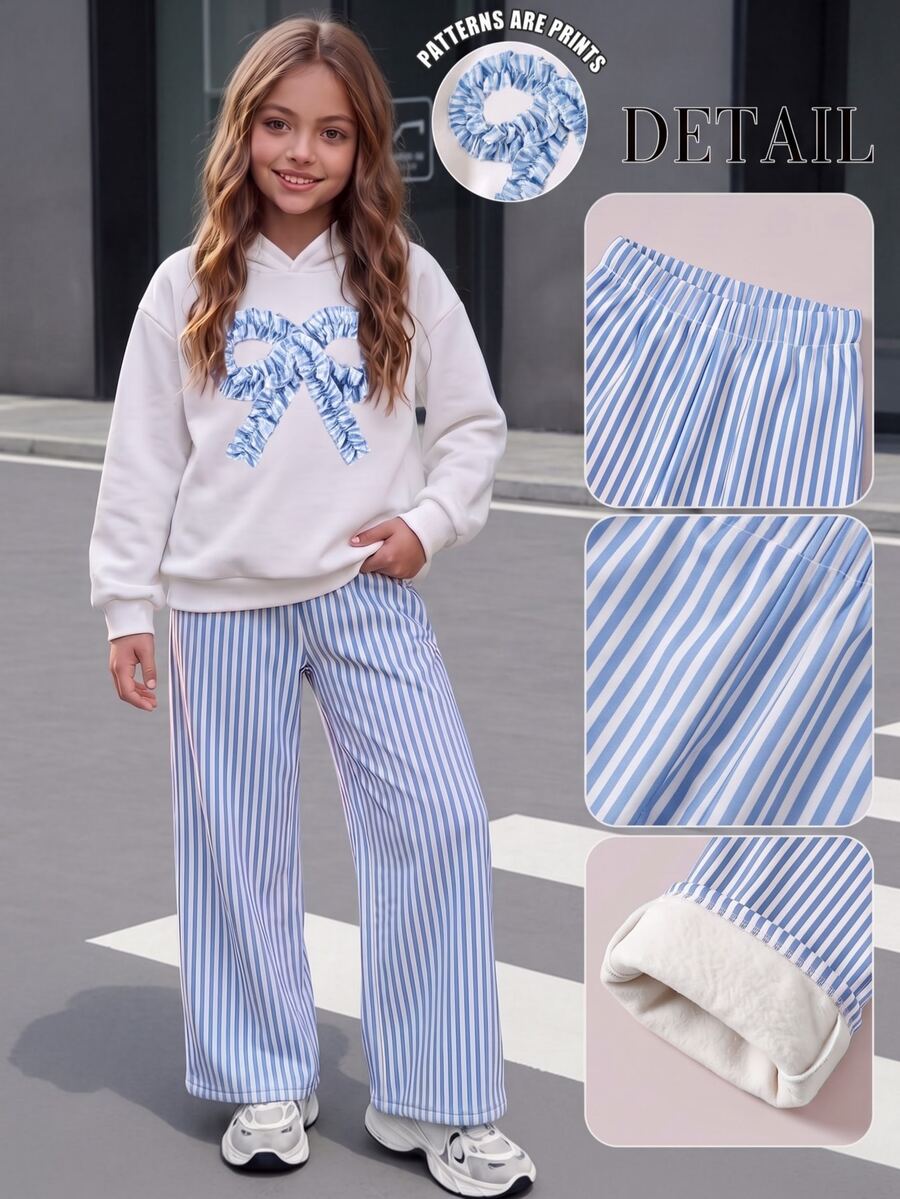 SHEIN 青少年女孩 T-shirt 套裝,藍白配色,短袖上衣 + 長褲 2 件套,保暖秋冬,可愛印花蝴蝶結,校園風 - 藍白色 - 查看 1