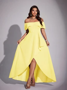 Viva Relle Plus Size Women Elegant Romantic Off-Shoulder Fitted Fishtail Dress, Spring/Summer - Yellow - View 4