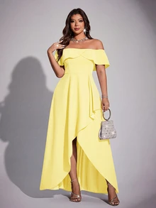 Viva Relle Plus Size Women Elegant Romantic Off-Shoulder Fitted Fishtail Dress, Spring/Summer - Yellow - View 1