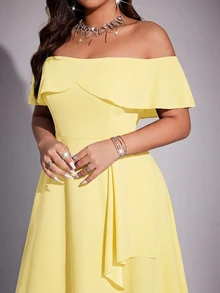 Viva Relle Plus Size Women Elegant Romantic Off-Shoulder Fitted Fishtail Dress, Spring/Summer - Yellow - View 3