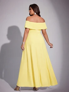 Viva Relle Plus Size Women Elegant Romantic Off-Shoulder Fitted Fishtail Dress, Spring/Summer - Yellow - View 2