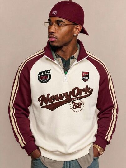 Aesthetic Post American Vintage Colorblock Striped Varsity Letter Badge Print Half-Zip Stand Collar Hooded Jersey Sweatshirt, Collegiate Streetwear Long Sleeve Jacket, Men's Women's Graphic Pullover Top, Men's Autumn/Winter Fashion Casual Travel Sports Top