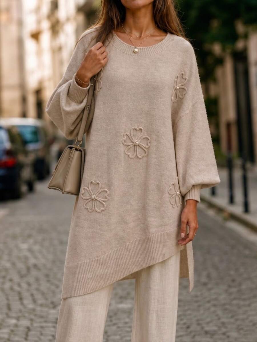 Wandoria Women's Autumn New Single Piece Round Neck Floral Embroidered Pattern Fashion Loose Mid-Length Daily Versatile Commute French Style Knit Pullover Long Sleeve Sweater - Apricot - View 1