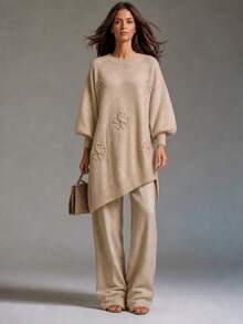 Wandoria كنزة صوفية نسائية خريفية جديدة قطعة واحدة بياقة دائرية مطرزة بنقوش زهرية، فضفاضة بطول متوسط، متعددة الاستخدامات للارتداء اليومي والتنقل، بأسلوب فرنسي، بأكمام طويلة - لون مشمشي - مشاهدة 1