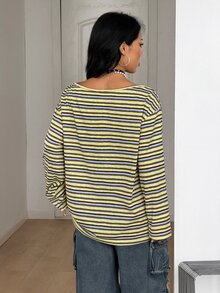 Coolane Yellow Striped Knit Women's Asymmetrical Shoulder Long Sleeve T-Shirt - Yellow - View 8