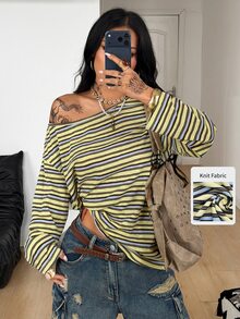 Coolane Yellow Striped Knit Women's Asymmetrical Shoulder Long Sleeve T-Shirt - Yellow - View 3