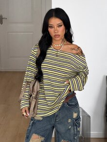 Coolane Yellow Striped Knit Women's Asymmetrical Shoulder Long Sleeve T-Shirt - Yellow - View 6