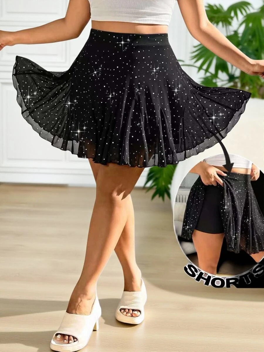 SHEIN EZwear 大尺碼女款純色水鑽裝飾時尚高腰裙褲 - 黑色 - 查看 1