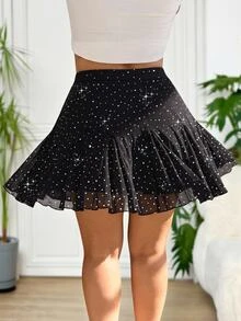 SHEIN EZwear 大尺碼女款純色水鑽裝飾時尚高腰裙褲 - 黑色 - 查看 2